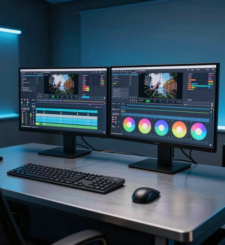 A professional video editing suite in a modern studio. Two high-resolution monitors display complex video timelines and color grading wheels. The room is dimly lit with slate ocean blue accents and soft arctic mist highlights on the metallic surface of a high-end editing console.