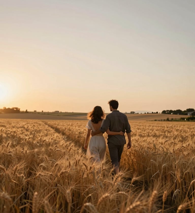 A cinematic shot of a Southern European / Italian couple walking through a golden wheat field at sunset. The atmosphere is warm, sun-drenched, and authentic, with a palette of terracotta and sand colors.
