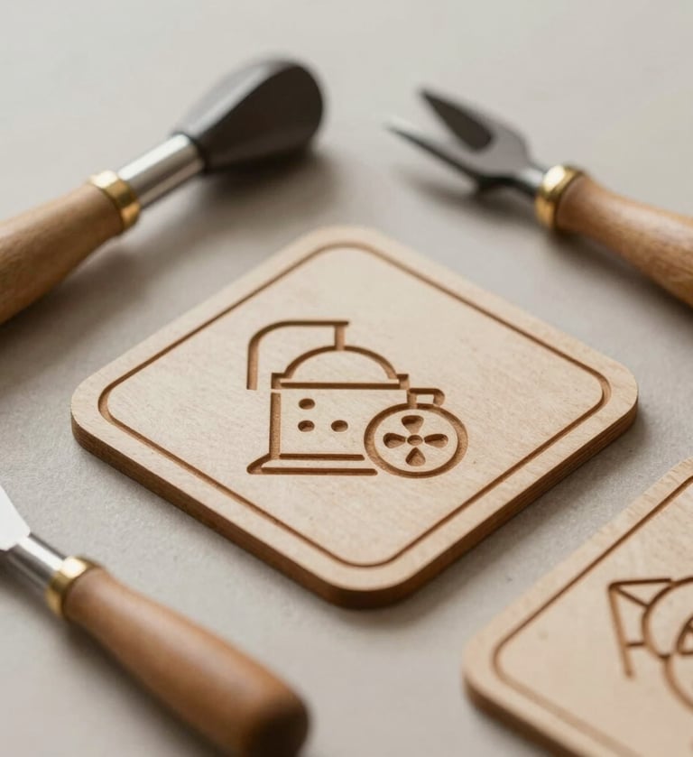 A stylized flat lay of artisan tools and a finished laser-engraved coaster on a light taupe surface, high-end photography style, warm neutral tones.