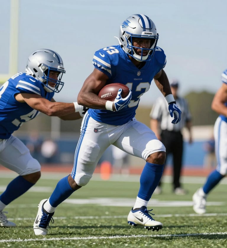 Mid-action photograph of a running back stiff-arming a defender, intense competition, vibrant colors, clear sky, professional sports broadcast quality.
