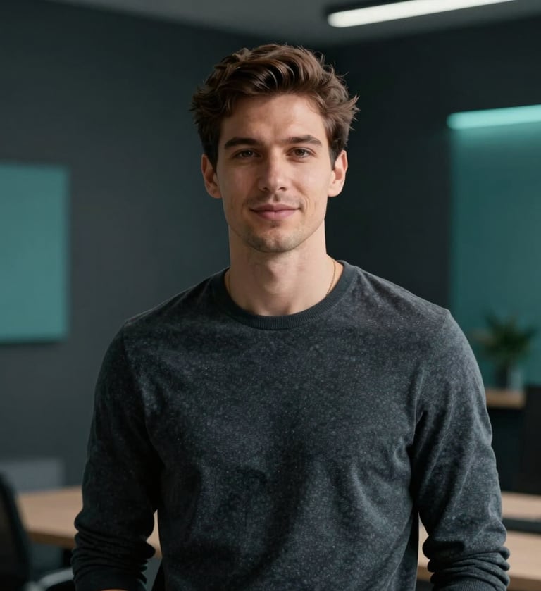 A professional and confident portrait of a young male digital professional in a modern studio setting with soft natural light, wearing smart-casual tech attire. The background is minimalist with deep charcoal and teal accents, reflecting a high-end tech-savvy atmosphere.