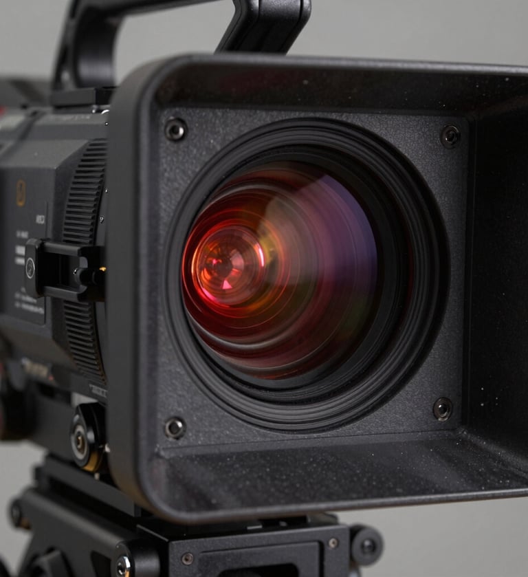 High-contrast close-up of a professional cinema camera sensor reflecting a studio setup. Deep black textures and dark charcoal grey metallic finishes. A single vibrant crimson red tally light is illuminated.