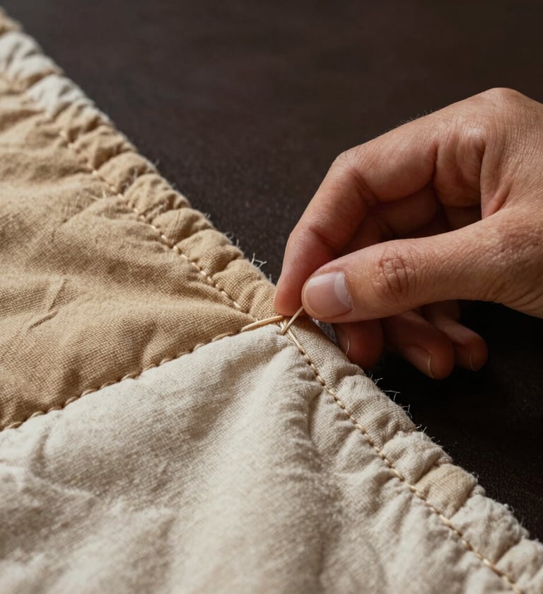 A macro photograph showing meticulous hand-stitching on a quilt. The fabric colors include soft sand and warm cream linen threads against a dark espresso background. The lighting is soft and focused, highlighting the tactile texture of the artisan's work.