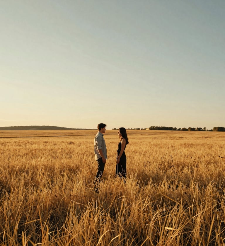 A wide cinematic landscape photograph of a couple standing in a golden North American field at dusk. Warm sun-drenched lighting fills the frame. The composition is narrative-driven, showing the scale of the environment and the authenticity of their interaction.