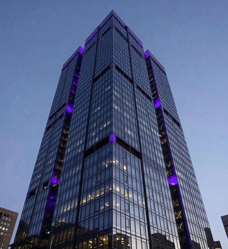A low-angle shot of a sleek, dark glass skyscraper in a North American city at dusk. The building is illuminated with deep purple accents, conveying a sophisticated and professional corporate media presence.