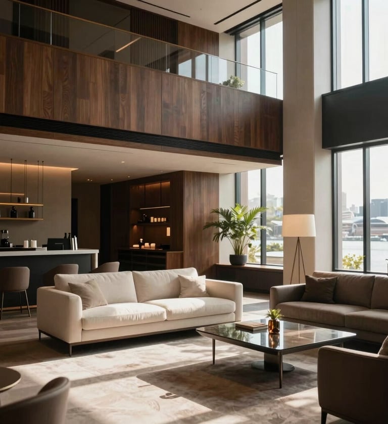 Cinematic wide shot of a luxury hotel lobby in Sydney, featuring soft natural morning light, minimalist furniture in off-white and dark wood, and a high-end architectural feel with professional composition.