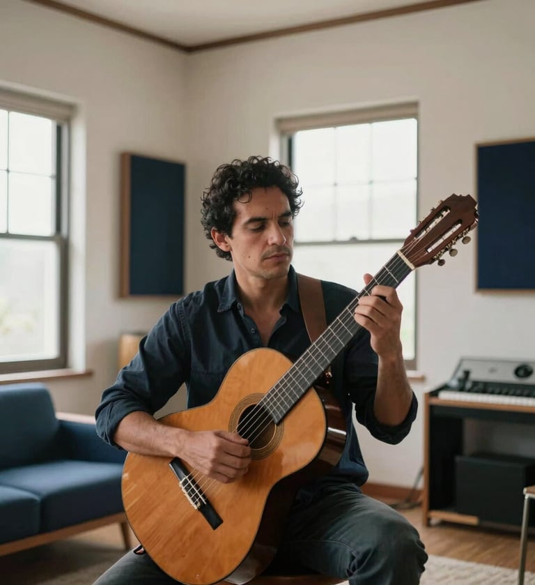 A sophisticated professional portrait of a male musician in a minimalist Latin American / Spanish home studio, natural light through large windows, soft off-white and dark navy decor, artist holding a classical guitar.