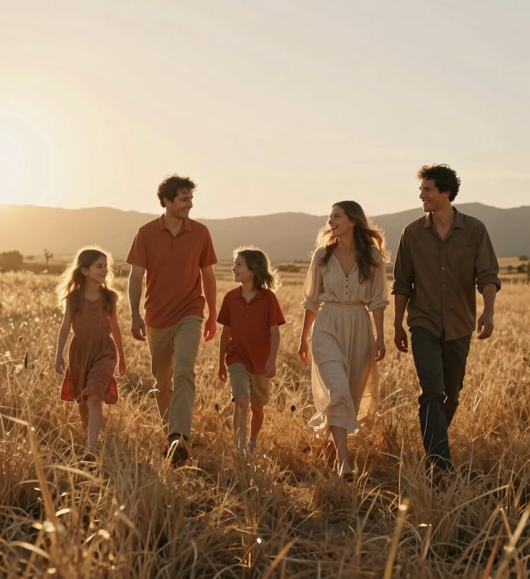 A cinematic, wide shot of a family of four walking through a field of tall, dry grass in Ojai at golden hour. The lighting is warm and sun-drenched, with soft flares. The family is dressed in earthy Terracotta and Soft Sand tones, laughing authentically as they walk toward the horizon.