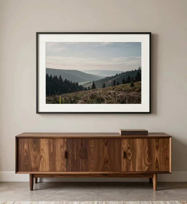Minimalist interior of a North American living room featuring light beige walls and a large framed landscape photograph above a low-profile dark brown wooden credenza. Soft natural light, Japandi aesthetic.