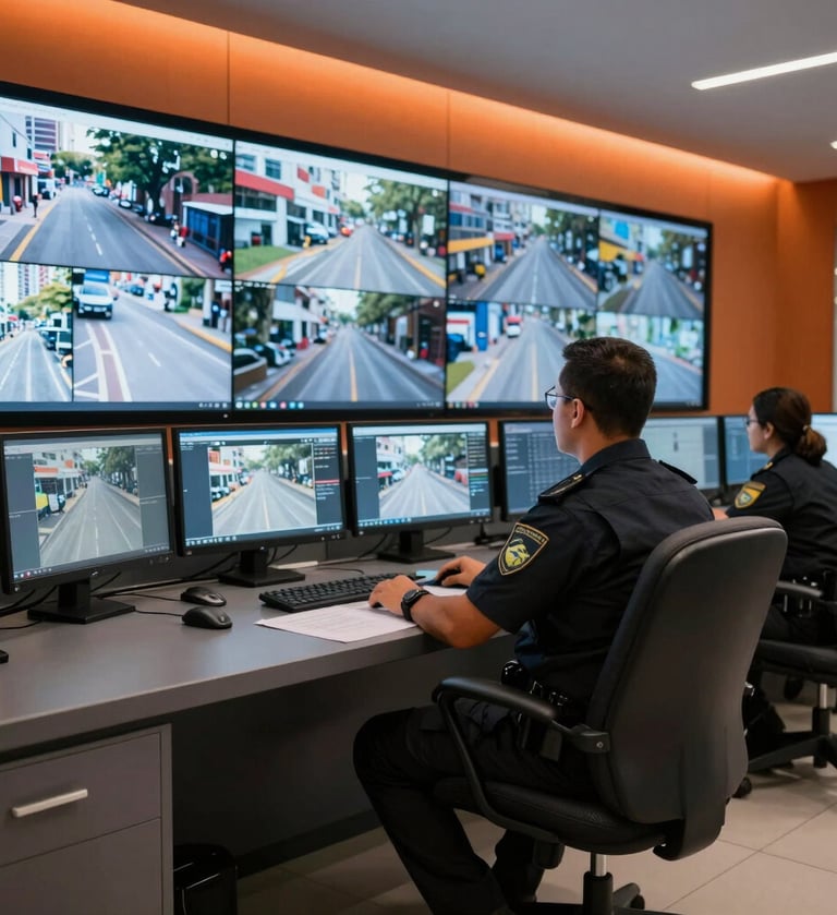 A professional security operator sitting in a modern, dark control room in a South American / Brazilian corporate building, watching a wall of bright monitors showing live street feeds. The room has soft orange ambient lighting and slate grey furniture.