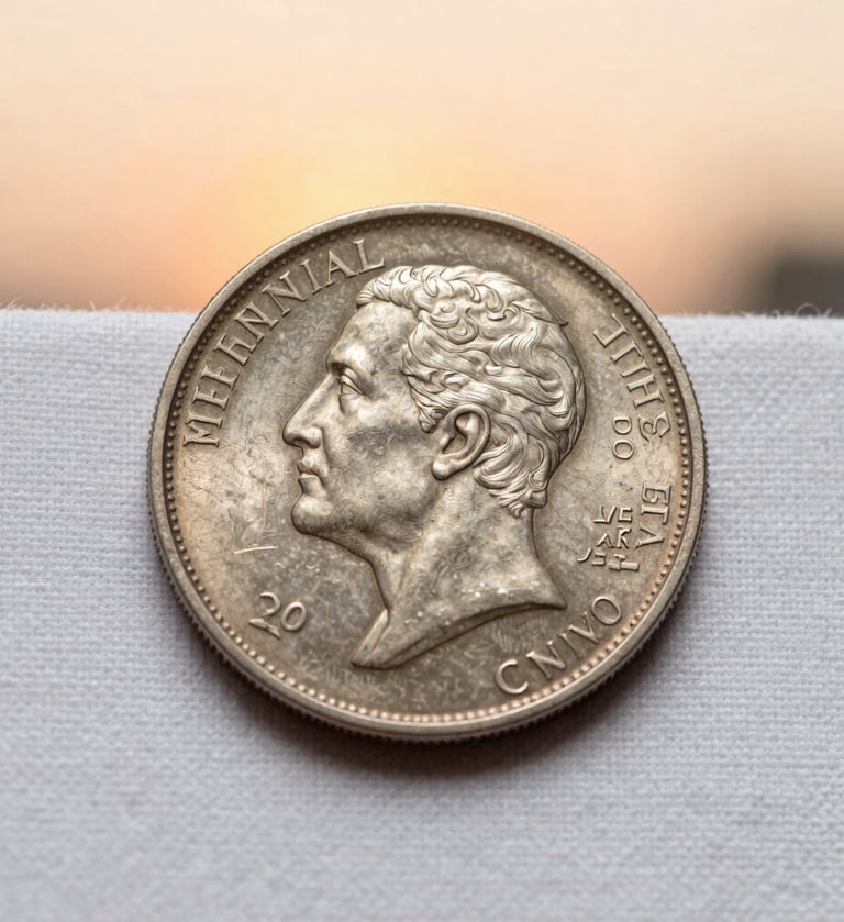 A high-resolution, macro photograph of a rare silver coin resting on a soft white linen surface. The lighting is soft and warm, evocative of a sunset apricot glow in a quiet International / Western study.