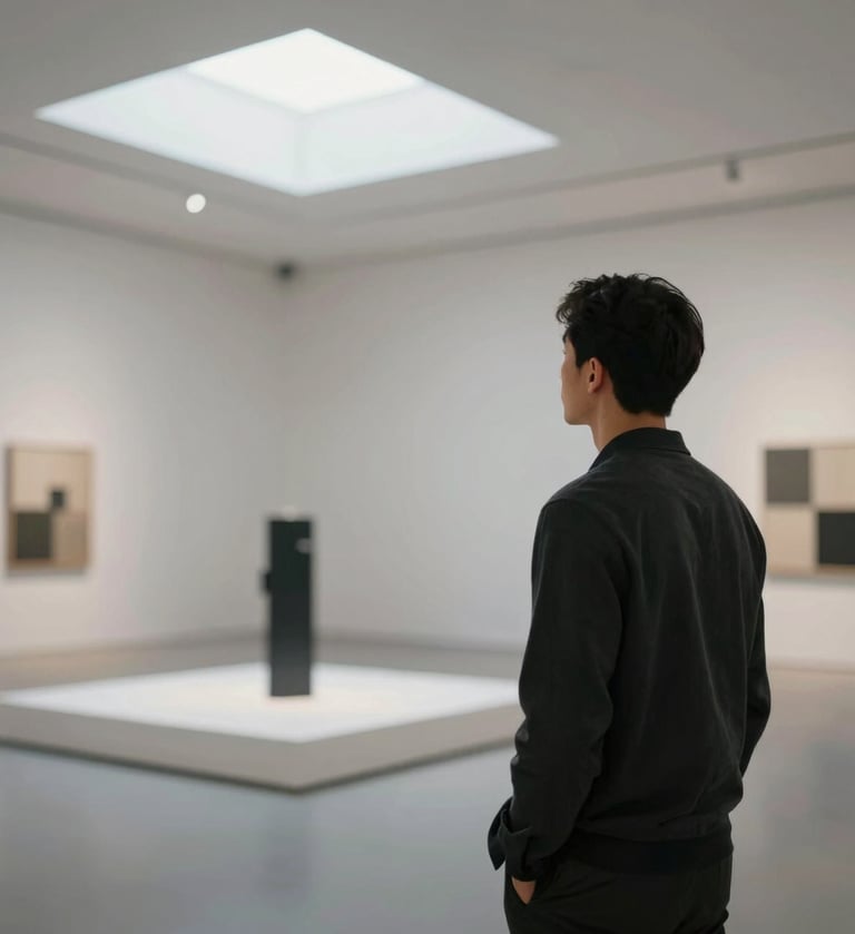 A creative professional standing in a modern art gallery, looking at a minimalist installation. Cinematic lighting from a skylight. Professional, accessible, and high-quality photography vibe.