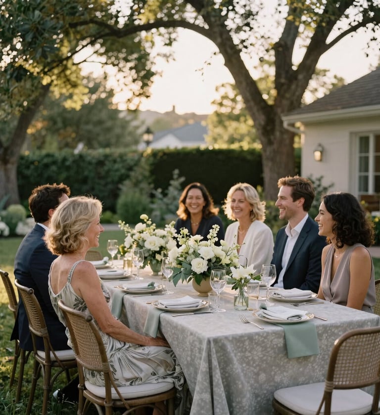 A sophisticated outdoor garden party in a North American / US backyard during the golden hour. The composition shows guests laughing around a beautifully decorated table with Stone colored linens and Sage Green floral arrangements. Warm sunlight filters through the trees, creating an elegant and heartfelt atmosphere.