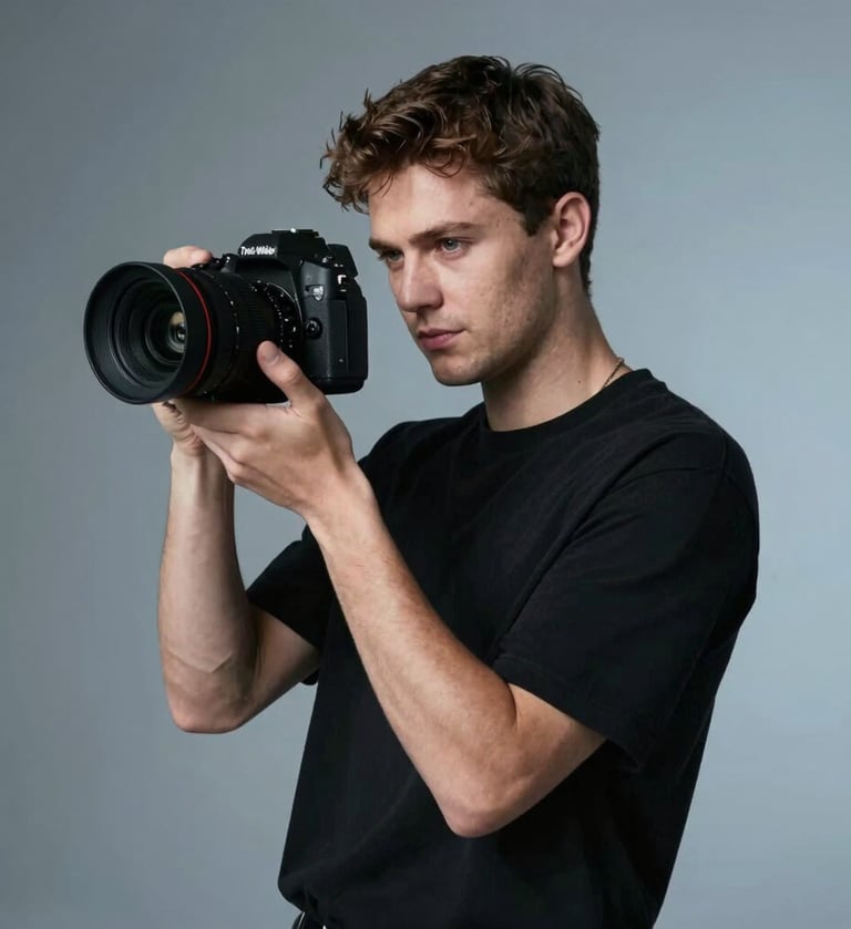Portrait of filmmaker Théo Wacyk in a modern studio, dressed in black, holding a professional camera, soft side lighting, #0A0A0A and #ECF0F1 contrast.