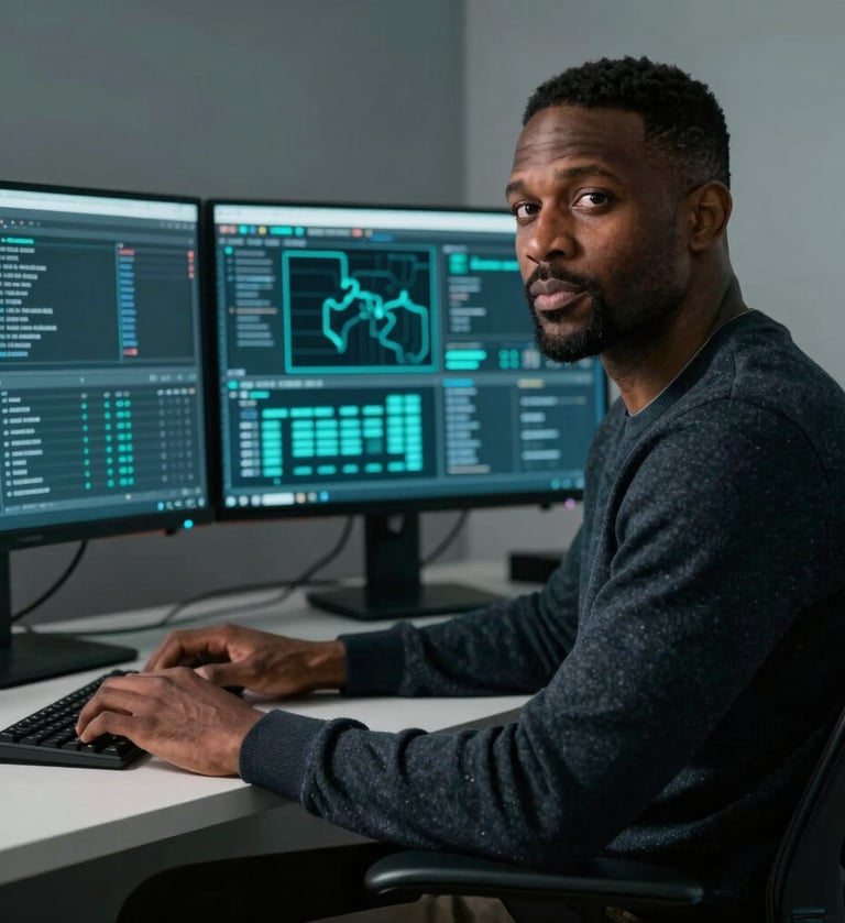 A sharp, professional photograph of George Byrd sitting in a modern workstation, illuminated by the muted sea teal glow of dual monitors displaying network traffic maps. He is wearing a dark charcoal sweater, reflecting a serious and focused atmosphere.