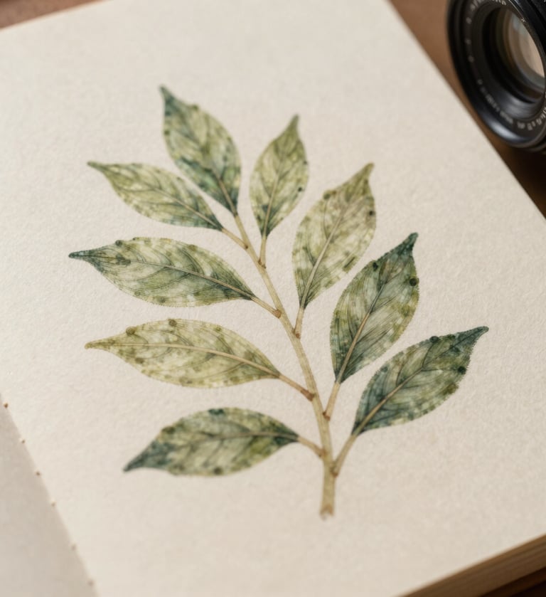 A close-up photograph of a hand-painted botanical illustration on textured warm cream paper. The drawing features delicate leaves in sage green and dark forest green tones. Soft morning light creates a serene atmosphere.