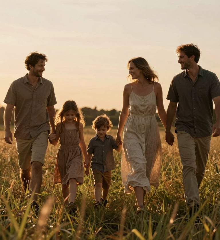 A family of four walking through a meadow of tall wild grass during the golden hour. The sunlight creates a warm terracotta glow around their silhouettes. The mother wears a soft sand colored linen dress. The composition is cinematic and candid, capturing a moment of laughter.