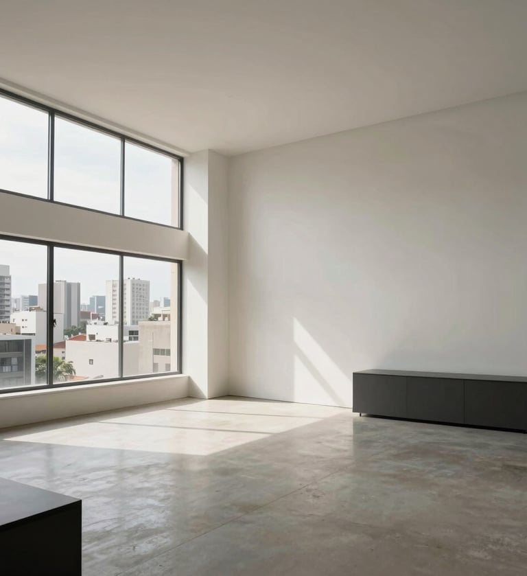 A wide-angle shot of a minimalist photography studio in a modern South American / Brazilian city building, featuring high ceilings, natural light through large windows, and clean furniture in off-white and charcoal grey tones.