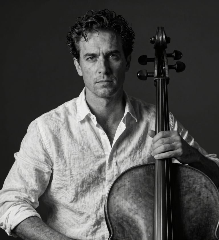 A sophisticated black and white portrait of a musician in a soft off-white linen shirt, holding a cello. The lighting is cinematic and moody with dark charcoal shadows, focusing on the texture of the wood and the artist's hands.