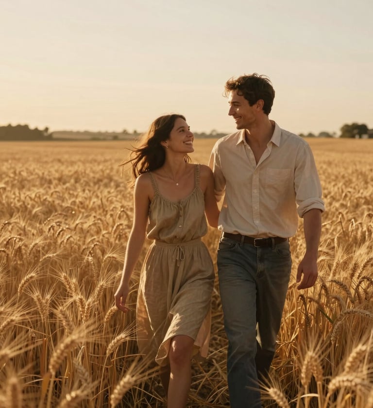 Cinematic photography of a happy couple walking through a sun-drenched wheat field, golden hour lighting casting warm golden brown tones. Authentic smiles, candid and natural, embodying a warm and sophisticated mood.