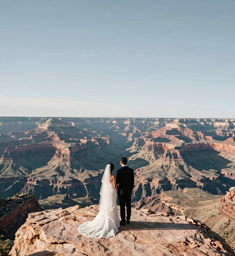 A high-end, professional photograph of a bride and groom standing on a granite cliff overlooking a vast canyon in the North American Southwest. The composition is minimalist with a lot of negative white space in the sky.