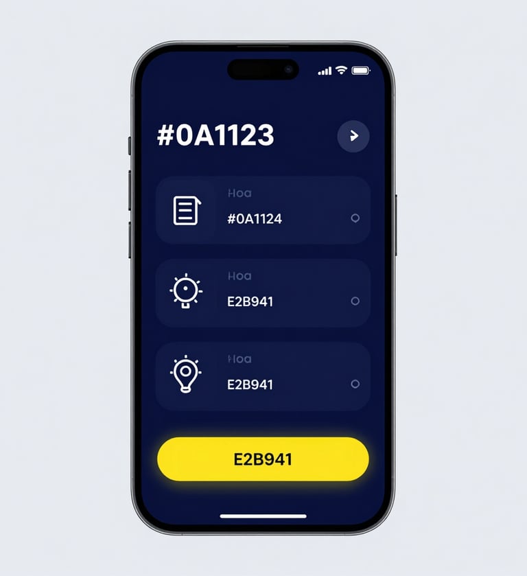 A high-fidelity mockup of a mobile financial dashboard on a sleek smartphone. The interface uses deep navy #0A1128 backgrounds with vibrant yellow #E2B941 accents for call-to-action buttons. Minimalist iconography.