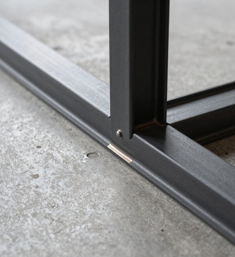 Close-up architectural photography of a slim black steel frame meeting a polished concrete floor. The lighting is soft and natural, emphasizing the clean, precise weld points and the texture of the muted slate gray metal.