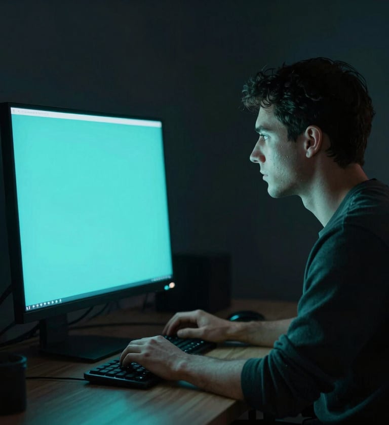 A sophisticated profile of a digital artist working in a dark studio. Minimalist and professional lighting featuring #8FE3F5 glow from the screen.