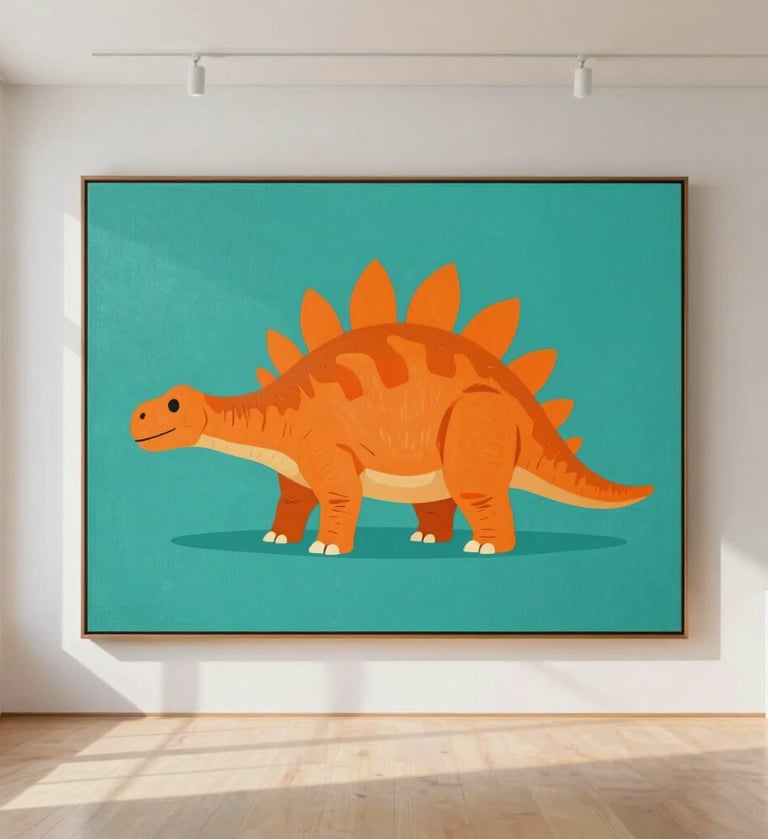 A large, framed pop-art painting of a stylized Stegosaurus in a bright, sunlit gallery room. The painting uses a mix of #1F3A4B teal and #D87D51 orange, looking sophisticated yet playful.