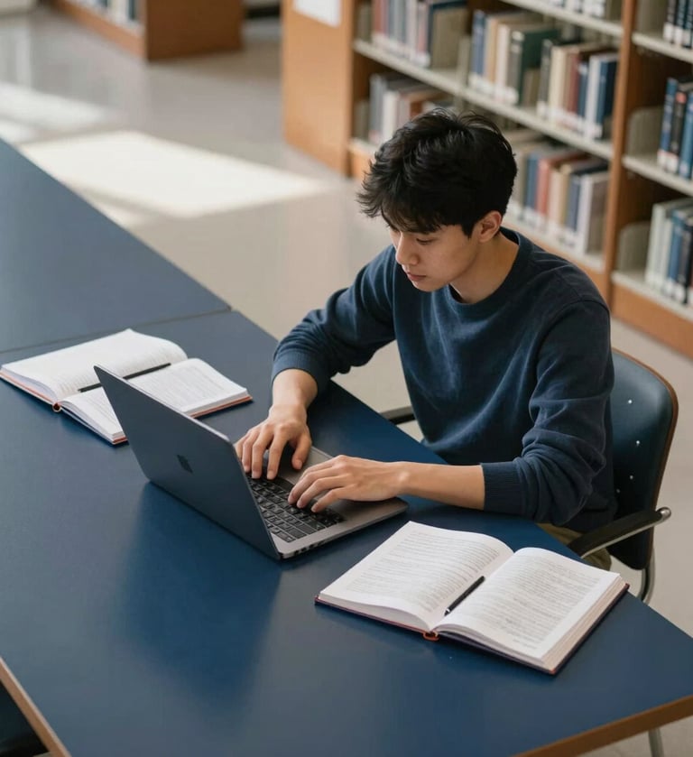 A high-angle shot of a focused student working at a clean desk in a modern North American / US university library, with soft morning light. The scene features a laptop and notebooks on a Soft Cloud surface with Deep Navy accents.