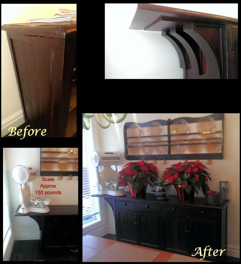 Before and after photos of a restored dark wood buffet hutch featuring a vintage scale and festive poinsettias.