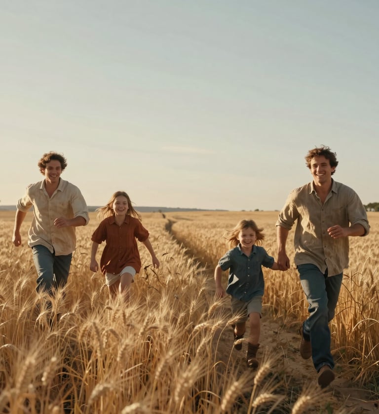 A cinematic, wide-angle photograph of a family of four running through a sun-drenched wheat field in a Western / Global rural setting. The lighting is warm golden hour, with soft sand and terracotta tones reflecting off their casual linen clothing. Authentic smiles and candid movement.