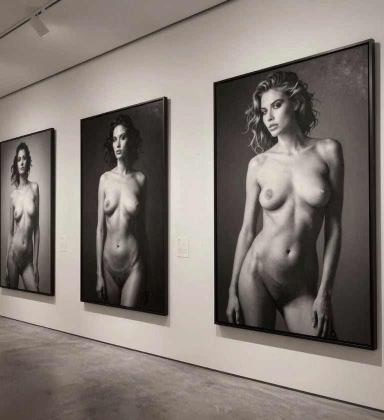 High-end photography of a minimalist gallery exhibition in North America. Large scale black and white art nude portraits on off-white walls. Low lighting, sophisticated atmosphere, charcoal accents.