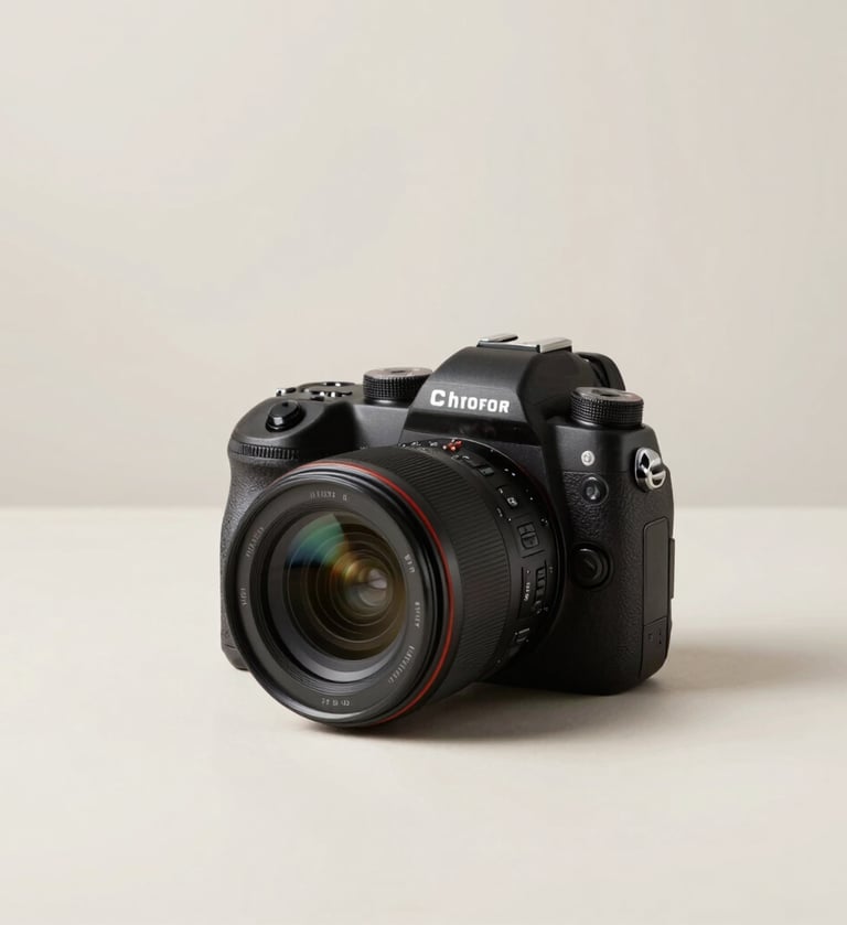 A minimalist and elegant shot of a professional camera on a clean surface in a bright studio, natural light casting soft shadows, using a palette of #FDFDFD and #E0DCD9 to evoke professionalism.