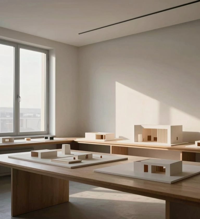 Interior shot of a minimalist architecture studio in Lisbon. Soft Cloud walls, large windows with soft morning light. Conceptual architectural models on a clean table, sophisticated European aesthetic.