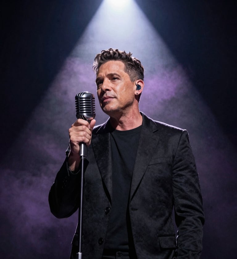 A professional portrait of lead singer Stefan Taylor performing under a single dramatic spotlight. The atmosphere is sophisticated with deep charcoal shadows and a soft lavender mist glow catching the silver details of his vintage microphone.
