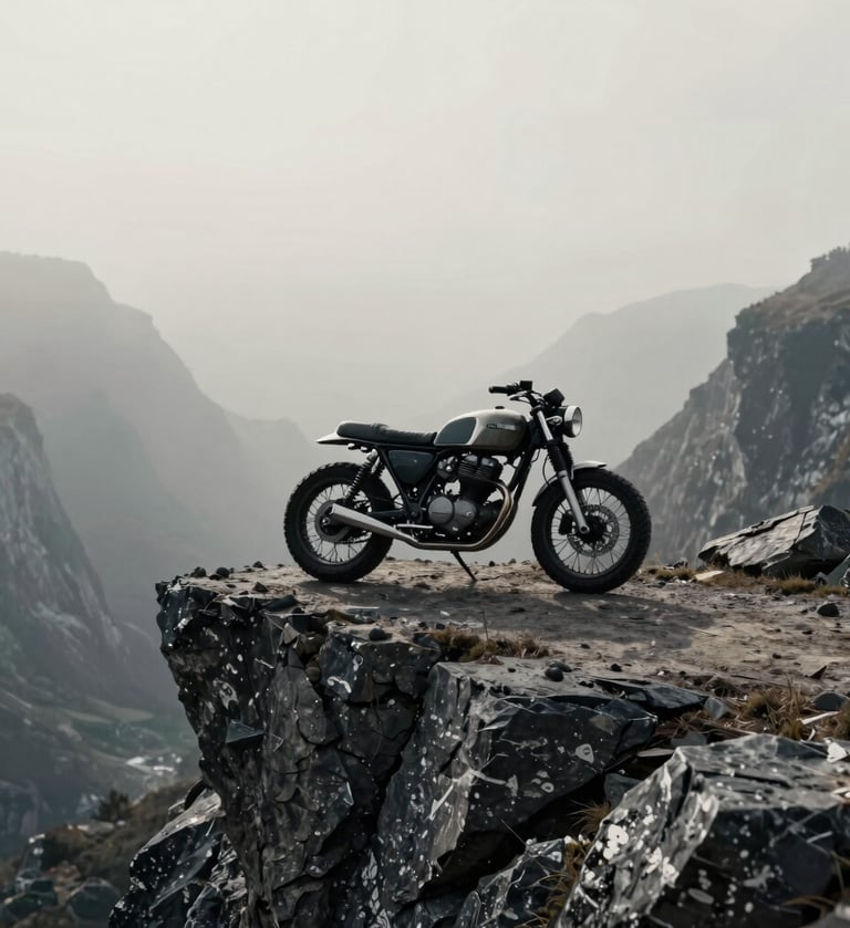 A cinematic wide shot of a custom vintage motorcycle parked on a jagged cliff edge overlooking a misty valley in a Global / Western highland setting. The lighting is moody with soft off-white fog, deep slate grey rocks, and rich charcoal black shadows on the bike's frame.