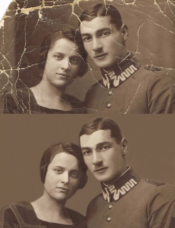 couple old photo before and after photo restoration 