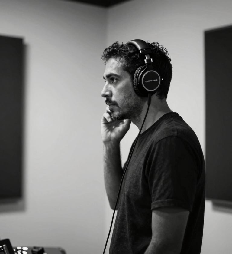 A medium shot of a sound artist in a minimalist Mexican studio environment. He is listening intently with studio headphones. Dramatic chiaroscuro lighting in black and white, deep blacks, and crisp whites. Professional, artistic atmosphere, side profile.