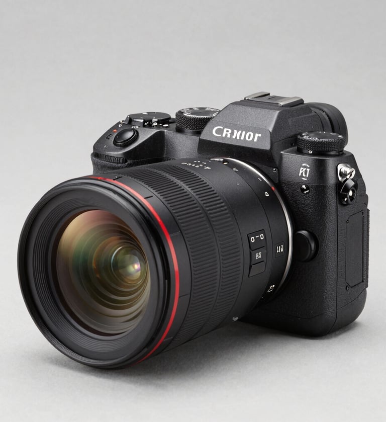 A professional studio product shot of a high-end mirrorless camera with a large lens. The lighting is crisp and clean, reflecting off the dark gray and black metallic body. Set against a neutral light gray background in a North American studio style.