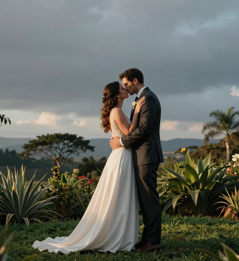 Cinematic photography of a newlywed couple embracing in a lush South American / Colombian garden at sunset. The bride wears a soft off-white gown and the groom a dark charcoal suit. High-end photography, elegant lighting with slate blue-grey sky tones, modern and professional style.