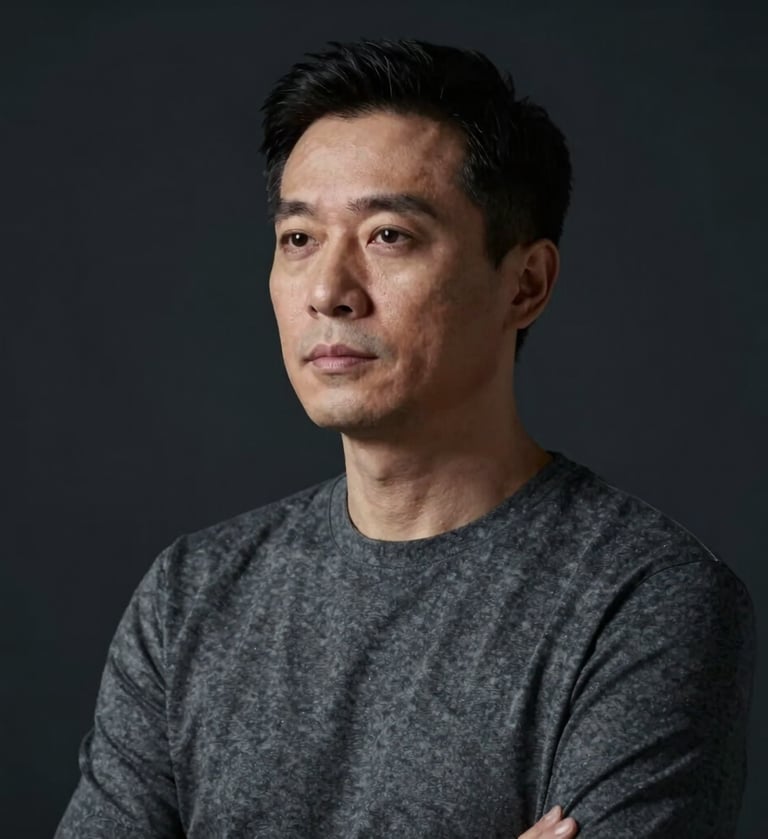 A professional portrait of an artist in a charcoal grey outfit, soft Rembrandt lighting on the face, looking away with intellectual depth. Background is deep #0A0A0A.