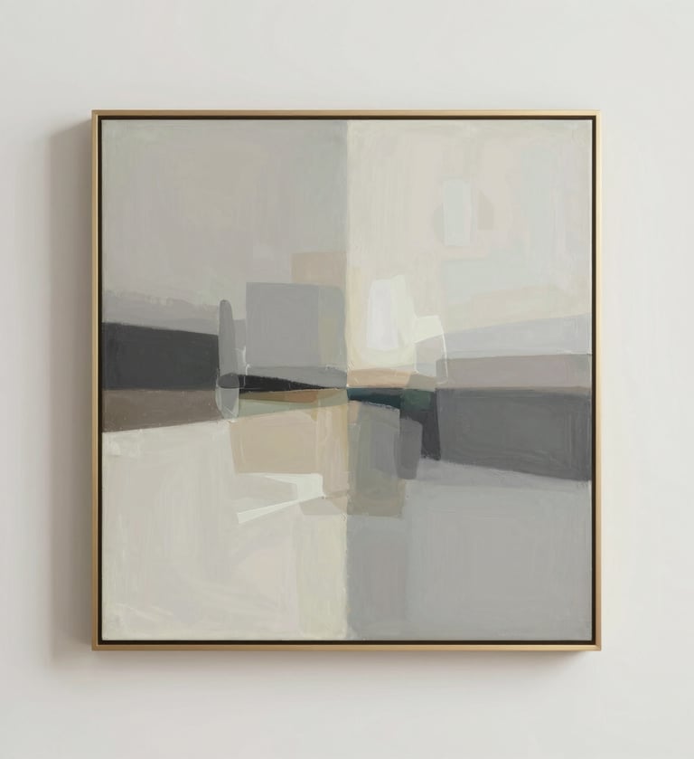 An abstract painting with a palette of #CFC8B7 and #5F5B54, centered on a light #F9F7F0 wall, minimalist gold frame, studio lighting.