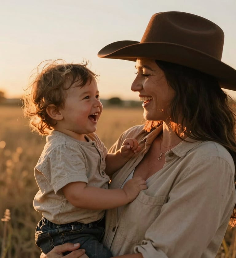 A candid lifestyle shot of a North American / General Western mother and her toddler in a field at sunset. The lighting is cinematic and warm, with soft sand and terracotta hues highlighting their faces as they laugh together. Shallow depth of field with a soft-focus background of golden grass.