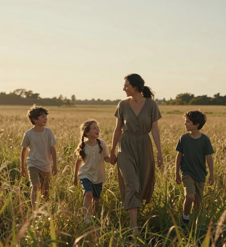 A cinematic, wide-angle shot of a family walking through a tall grass field during golden hour. The lighting is warm and sun-drenched. The mother wears an earthy muted brown dress, and the children are laughing. Soft focus background.