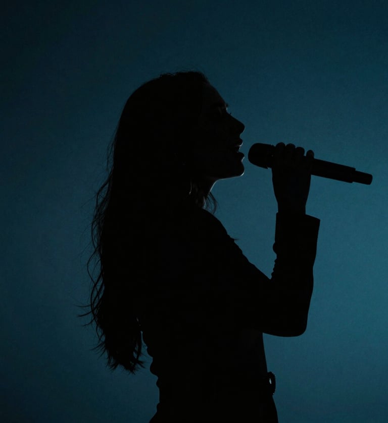 Silhouetted profile of Lyan Galindo singing with intensity, the background features deep #1A2D3A and #386F6F textures, conveying emotional depth and sophistication.