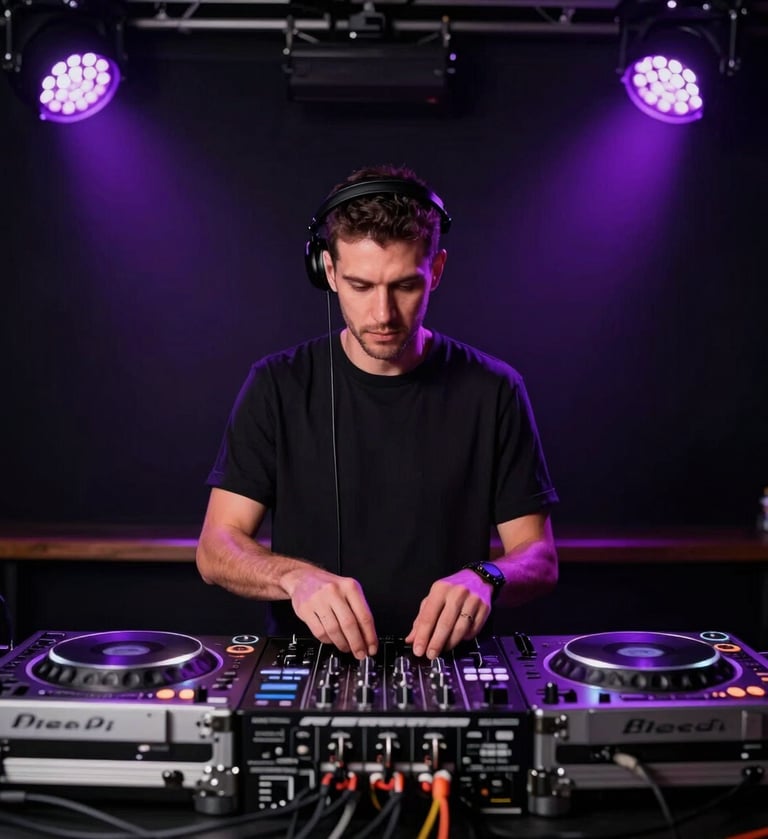 A professional DJ with a focused expression, behind high-end silver DJ equipment in a modern nightclub in a Spanish / Latin American city. Moody stage lighting with vibrant electric violet highlights and a rich deep black backdrop. Cinematic composition, shallow depth of field, minimalist aesthetic.