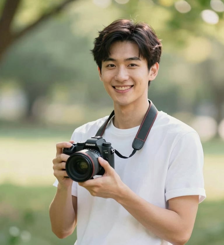 A lifestyle portrait of a friendly photographer holding a professional camera, standing in a natural sun-drenched environment with soft bokeh greenery.