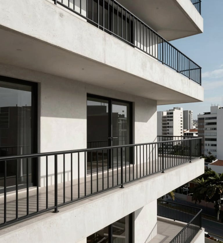 A minimalist architectural render of a high-end residential balcony in a South American / Brazilian coastal city. The scene features pure white concrete surfaces, sharp black metal railings, and deep shadows under the midday sun. Sophisticated and high-contrast.