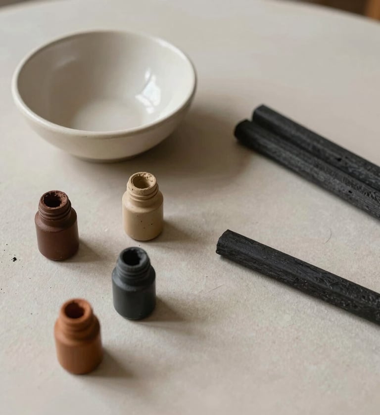 A minimalist overhead photograph of a South American / Argentine artist's desk in Buenos Aires. Scattered muted earthy brown pigments, a soft off-white ceramic bowl, and deep charcoal charcoal sticks. Natural side light creates soft textures on the surface.